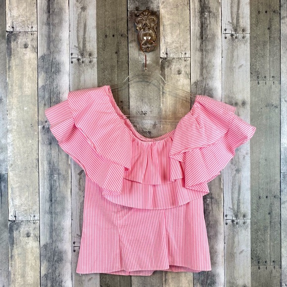 Lilly Pulitzer Trixie One Shoulder Ruffle Top Havana Pink Seersucker Size Medium - Picture 2 of 9